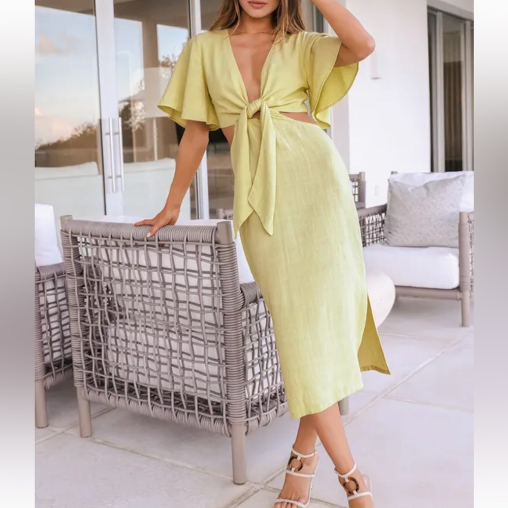 LULUS Summer Journey Light Green Tie-Front Cutout Midi Dress
